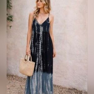 NWT Worldmarket  Blue Tie-dye Maxi Dress with Crochet Detailing on the Bust Sz S